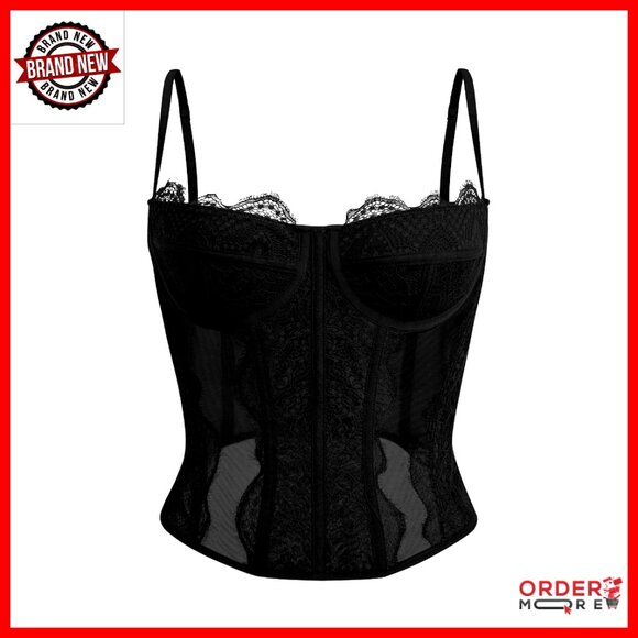 Lace Mesh Corset Top Spaghetti Strap Backless Off Shoulder Crop Bustier